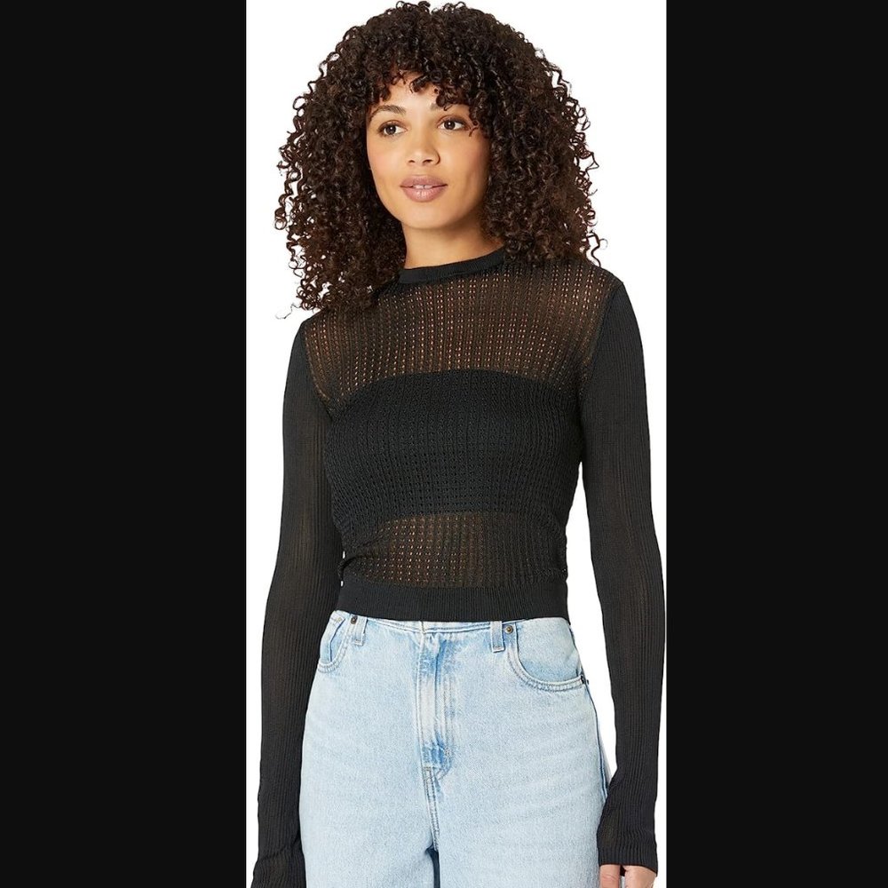 Free People Black Sheer Knit Long Sleeve Top